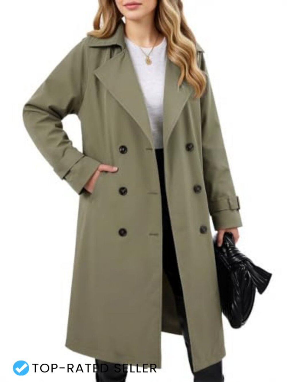 Women's Double Breasted Long Trench Coat Lapel Overcoat with Belt